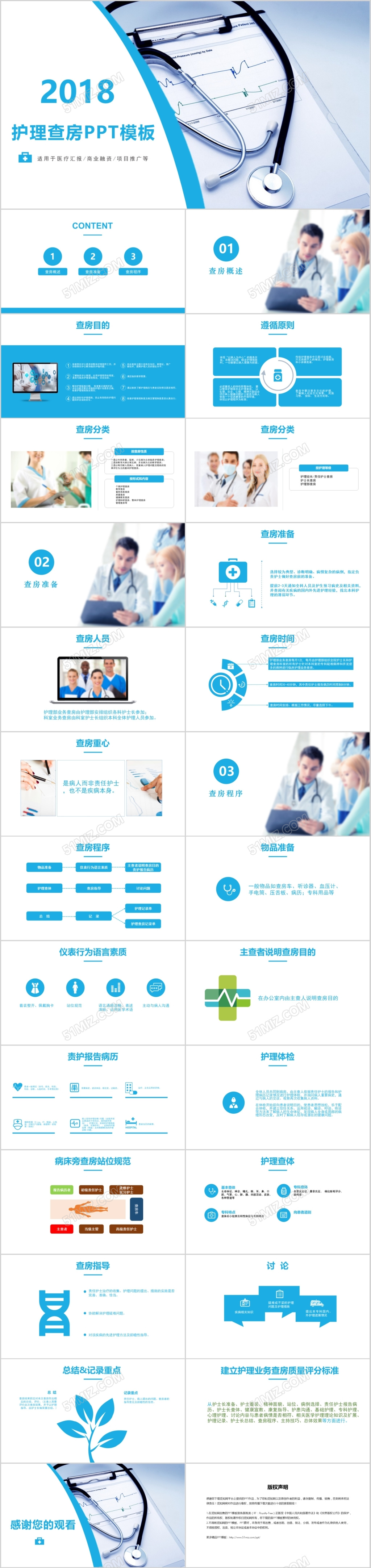 蓝色简约医疗护理业务查房PPT模板