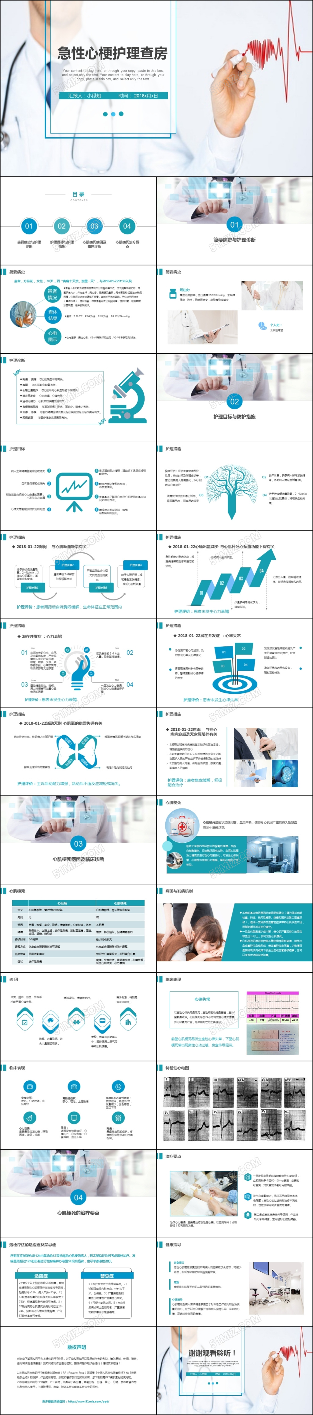 蓝色医院医疗急性心梗护理查房PPT心肌梗塞病例讨论模板