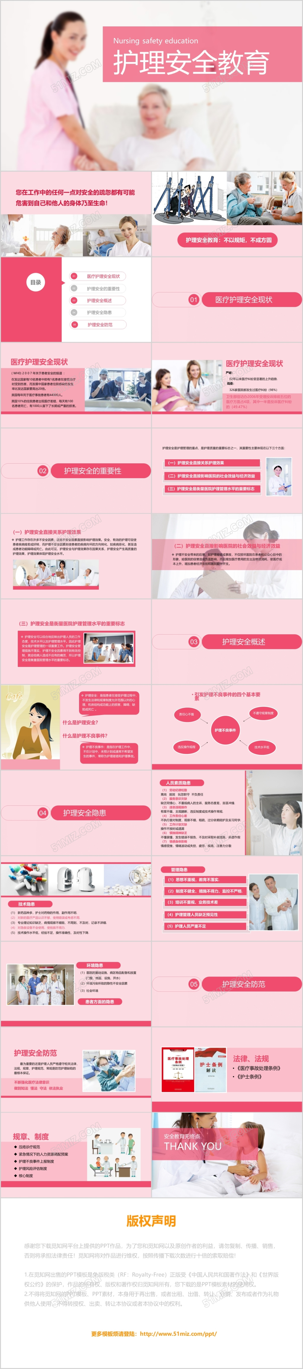粉色扁平风护理安全教育PPT简约大气图文结合PPT模板