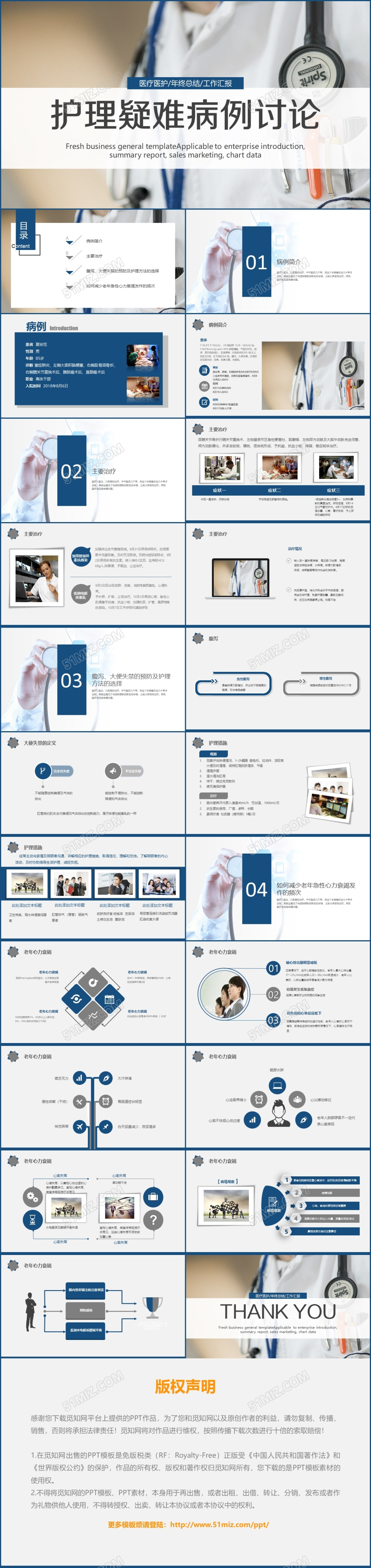 蓝色医疗护理疑难病例讨论计划总结PPT模板