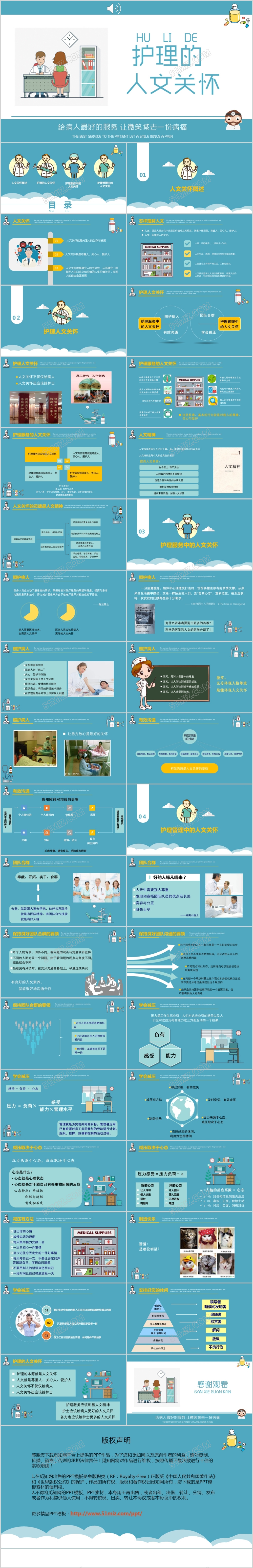 蓝色简约卡通微粒体护理的人文关怀通用ppt模板