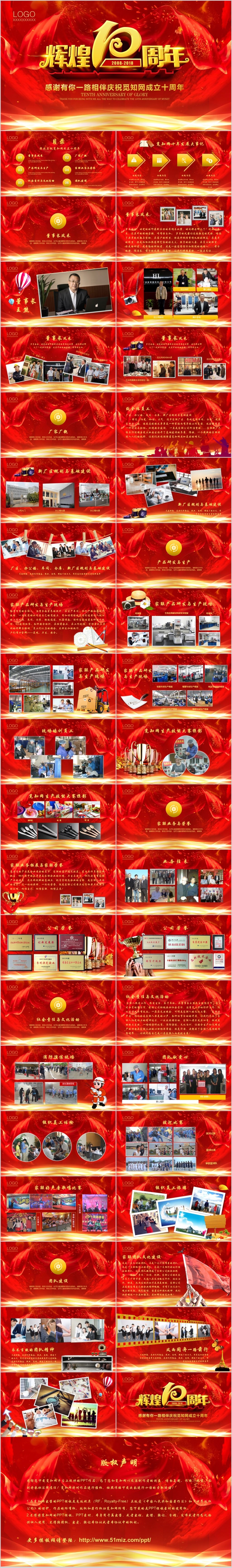 红色喜庆公司周年庆觅知网十周年庆典活动年会报告PPT模板