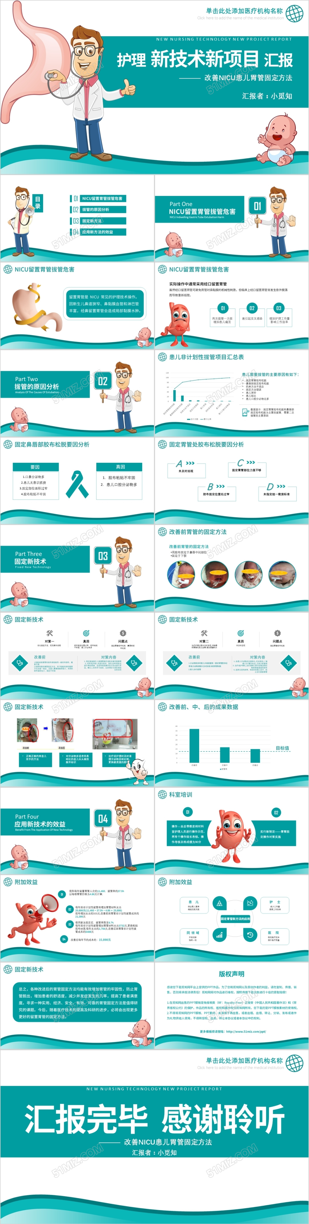 蓝绿卡通扁平化医疗护理新技术新项目PPT模板