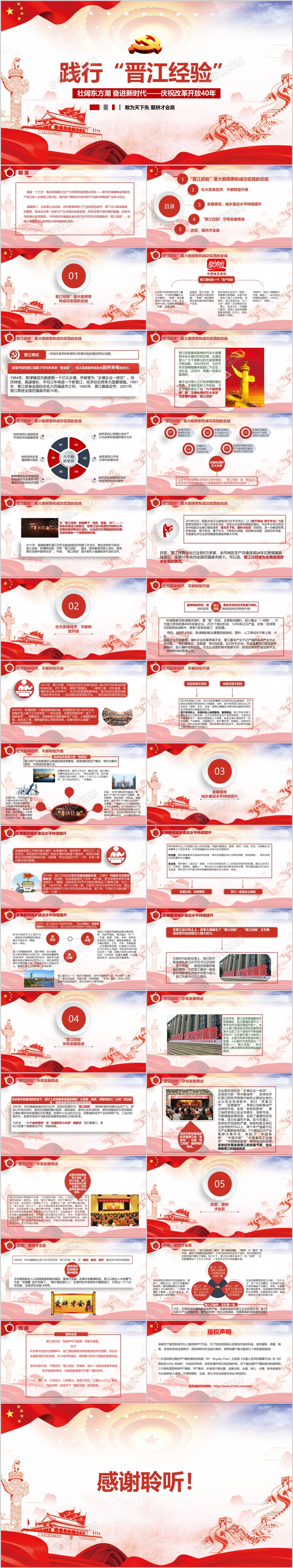 红色大气图文结合扁平风格践行晋江经验探索与实践PPT模板