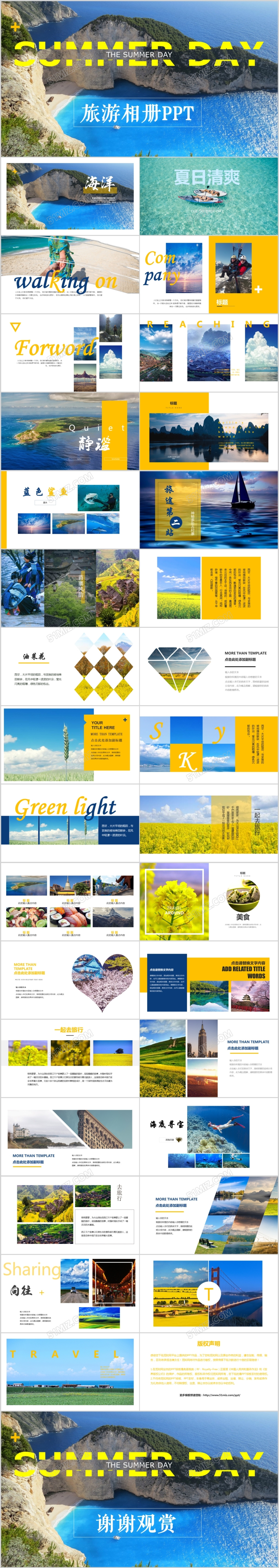 亮黄色夏日暑假时尚大方旅行旅游纪念册PPT