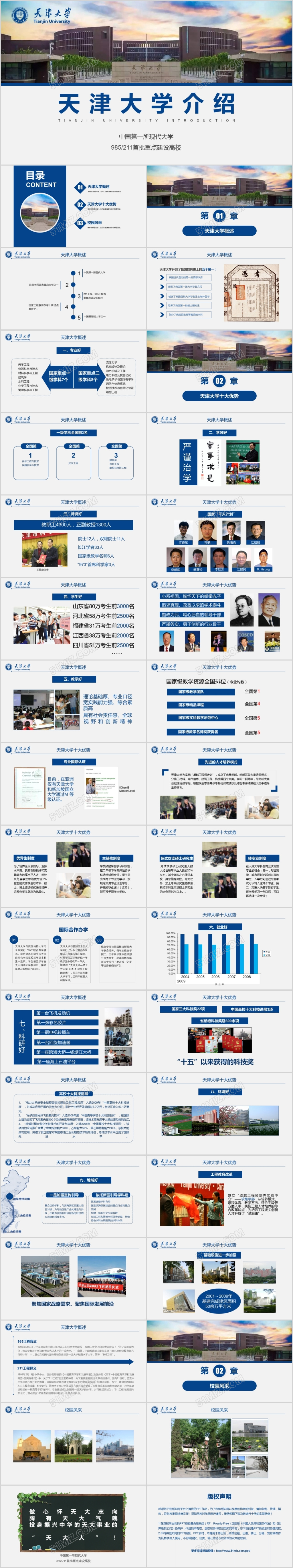 蓝色天津大学介绍宣传学校介绍展示招生PPT模板