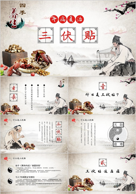 复古医院医疗药材中国风三伏贴ppt
