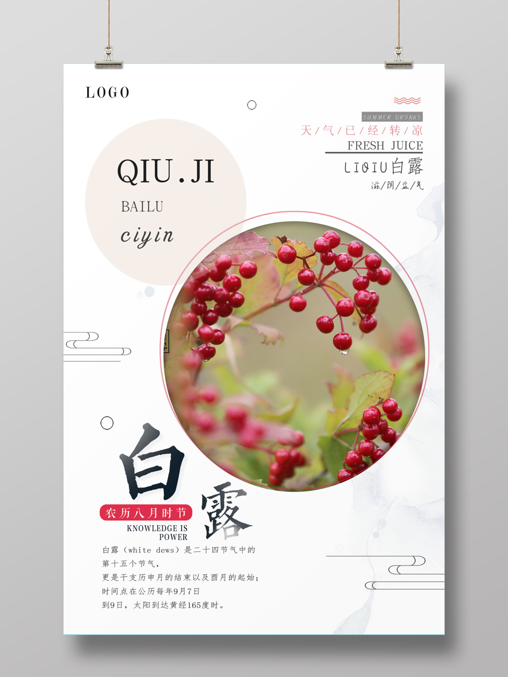 白色中国风二十四节气白露海报