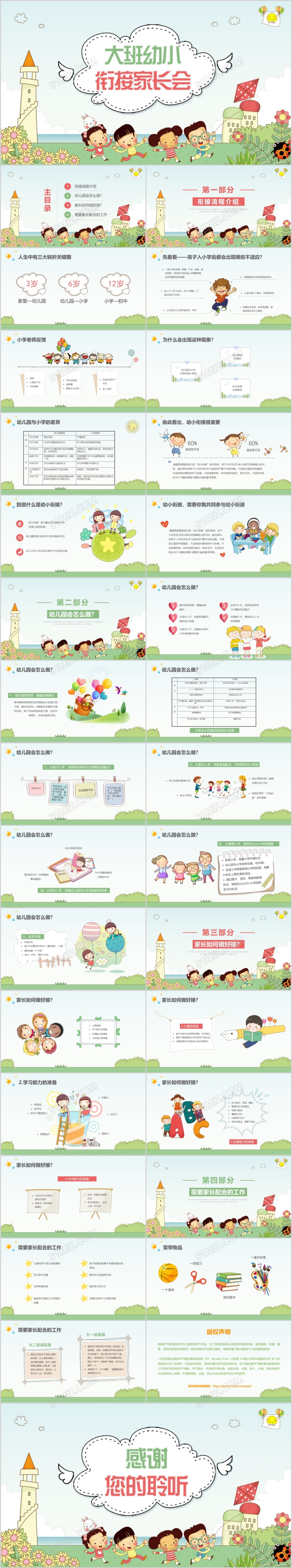 手绘卡通简约图文开学大班幼小班衔接家长会PPT模板