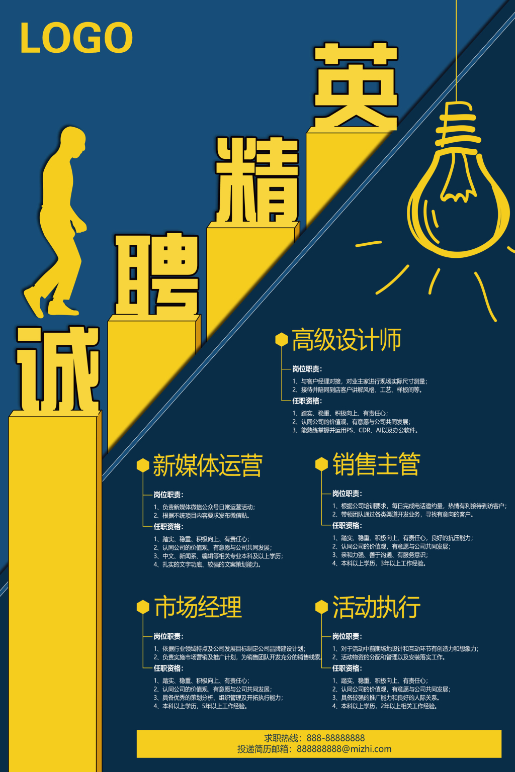 蓝色简约扁平招聘海报