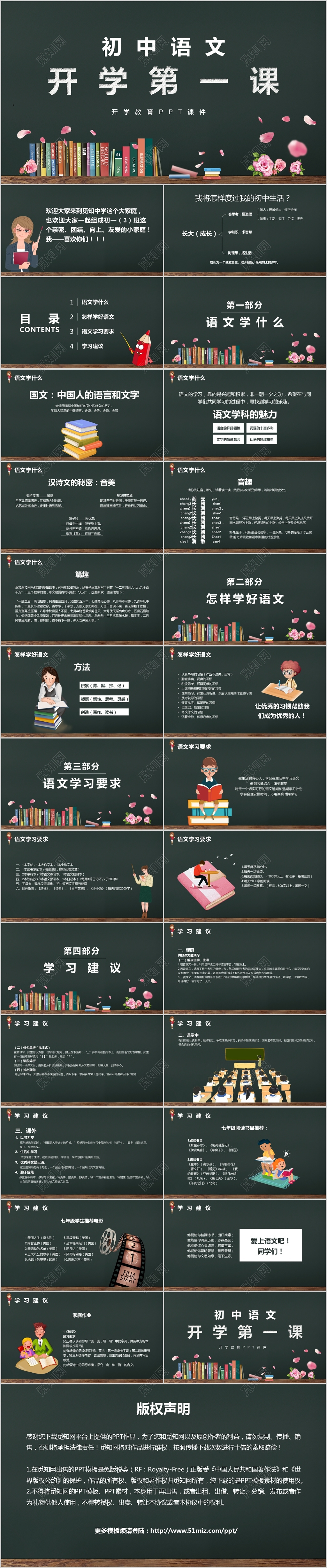 黑板校园风初中语文开学第一课语文课堂学习PPT模板