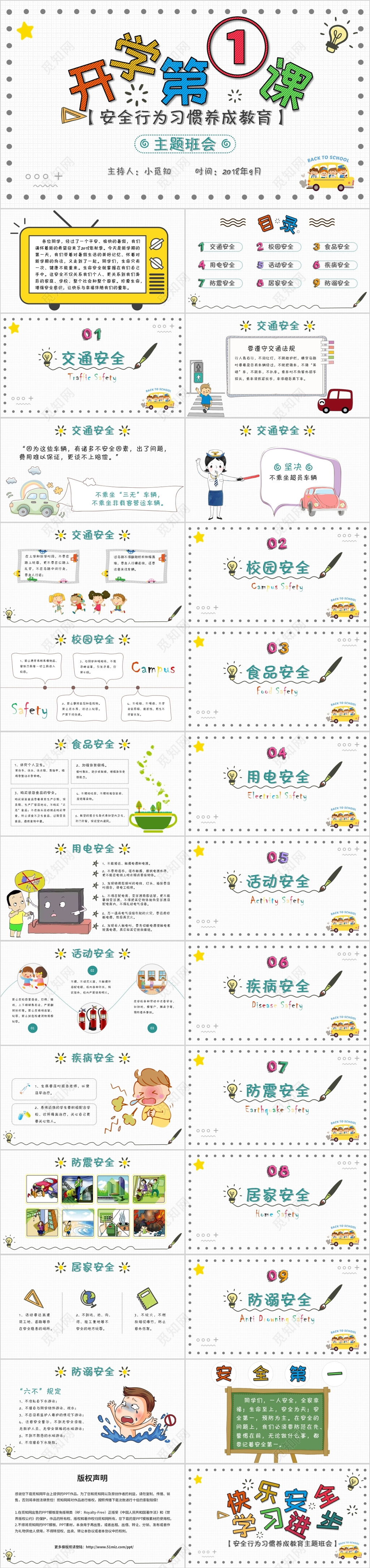 创意手绘儿童卡通安全教育开学第一课主题班会交通安全PPT模板