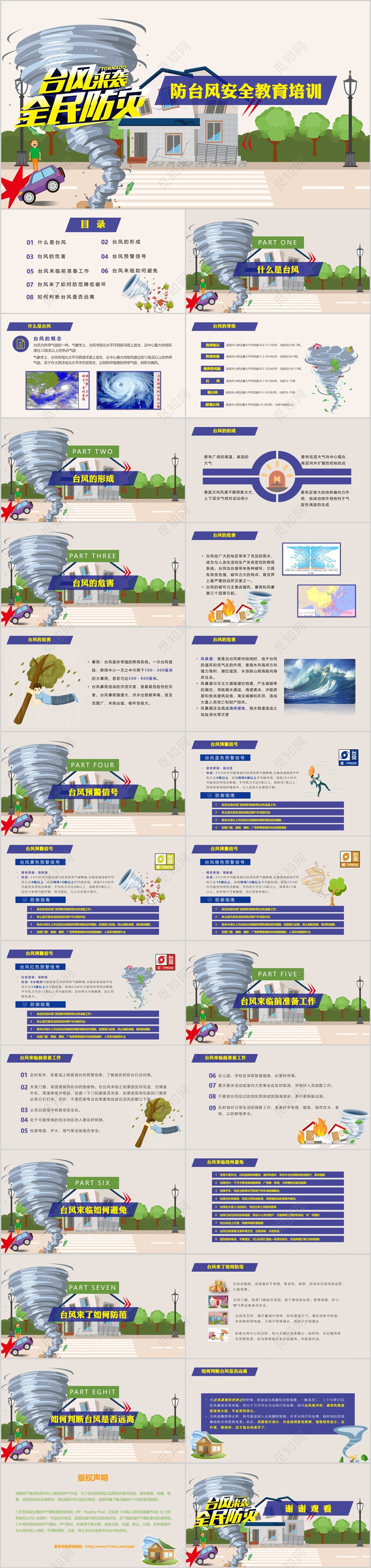 防台风安全教育卡通扁平化蓝色防山竹台风PPT模板