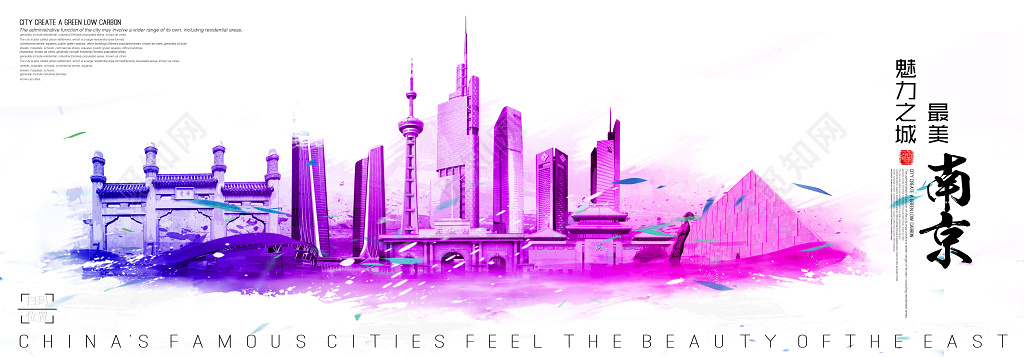 南京创意合成炫彩城市旅游剪影宣传展板