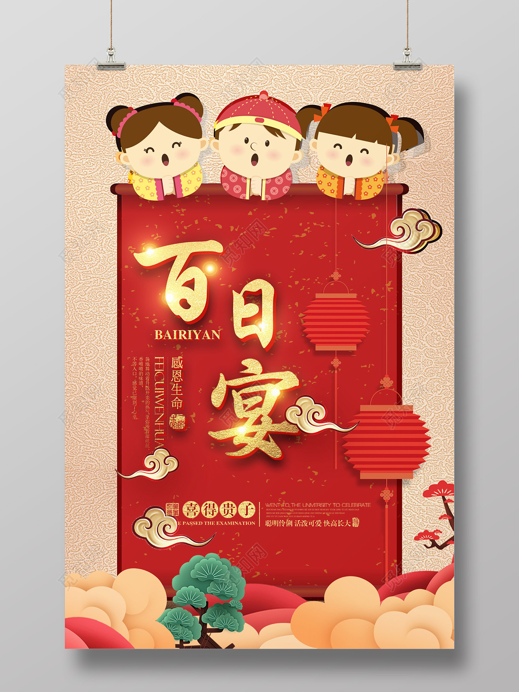 红色喜庆宝宝百日宴满月酒生日会海报