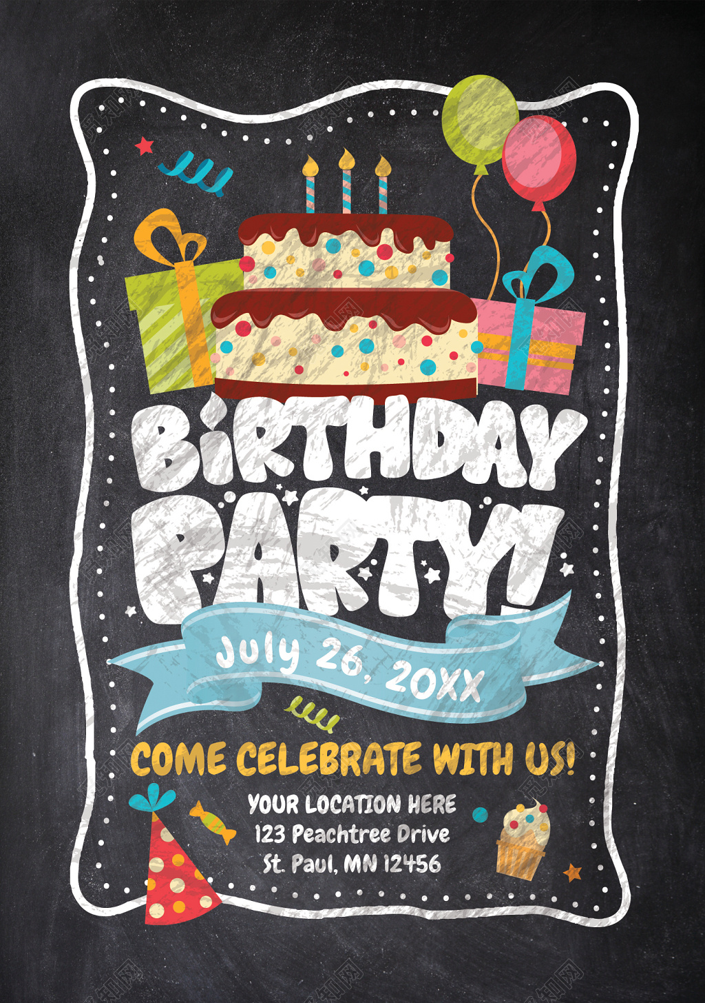 黑板西式涂鸦风格生日祝福海报
