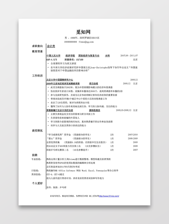 大型企业财务会计简历模板