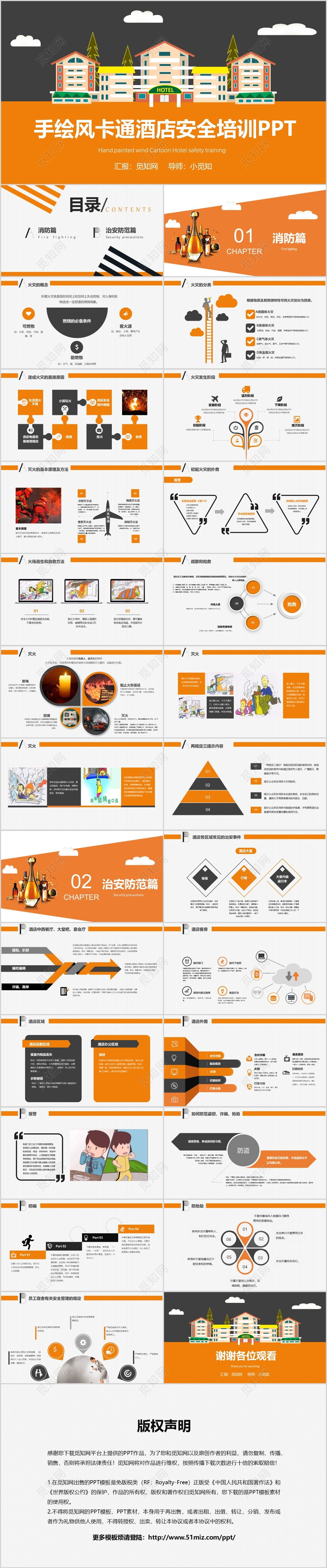 手绘风卡通酒店安全培训PPT