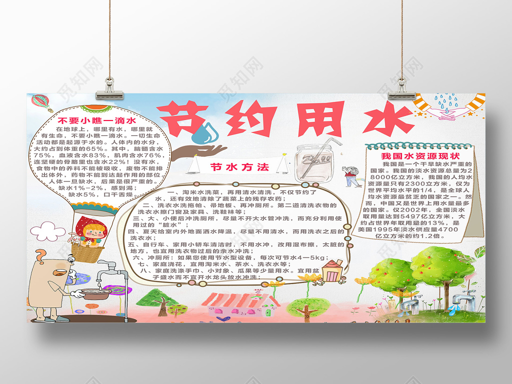 可爱手绘插画风格节约用水环保公益海报宣传栏