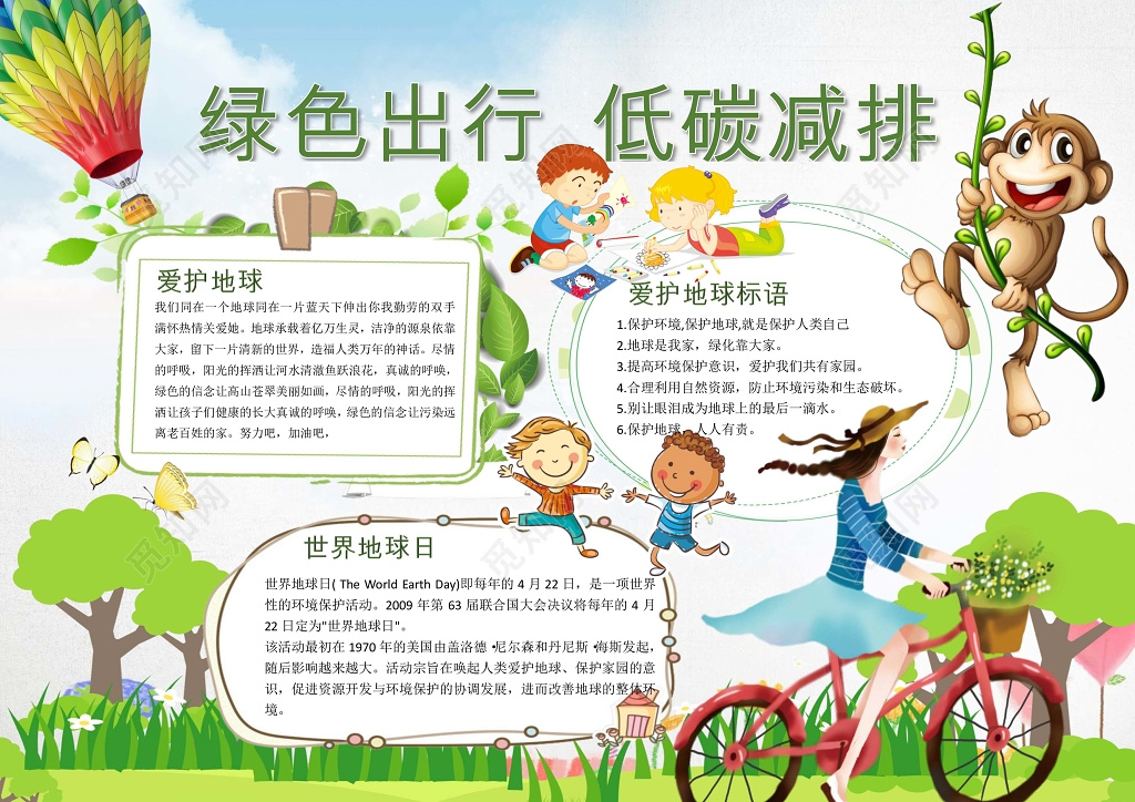 可爱卡通绿色出行低碳环保环保小报手抄报Word