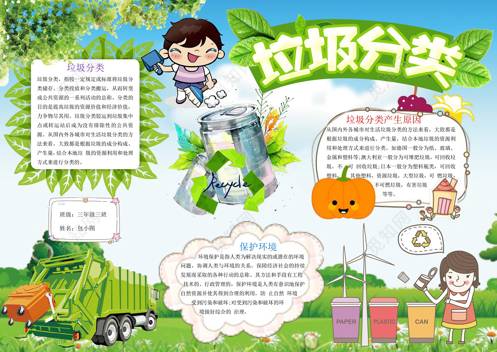 绿色环保清新垃圾分类文明小报手抄报word小报