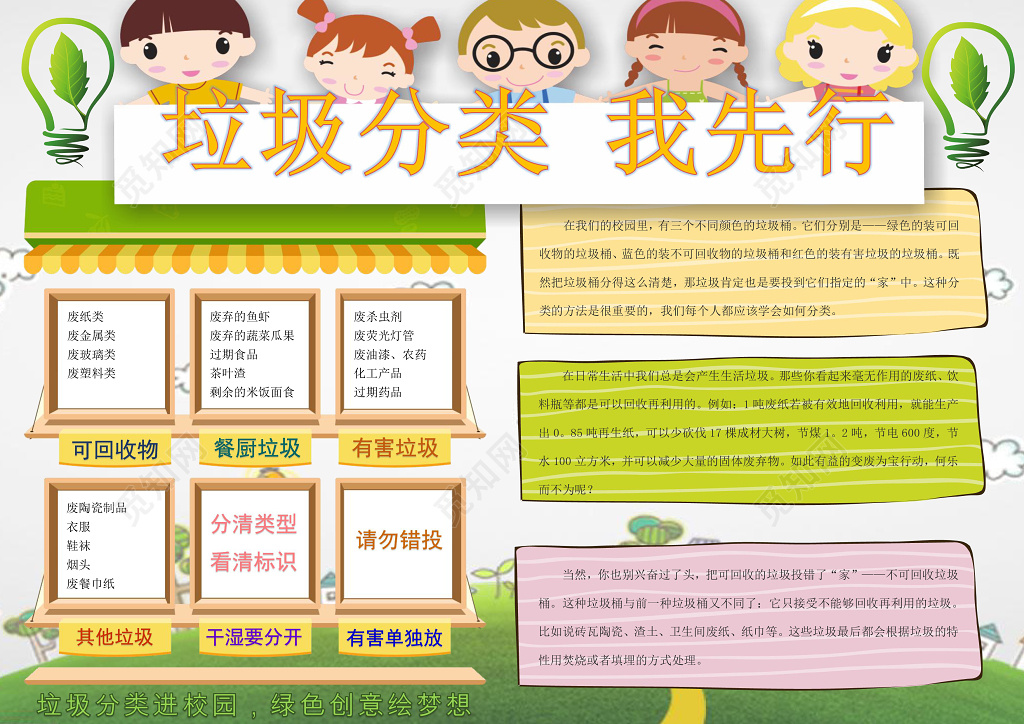 绿色环保垃圾分类我先行环保小报电子word手抄报