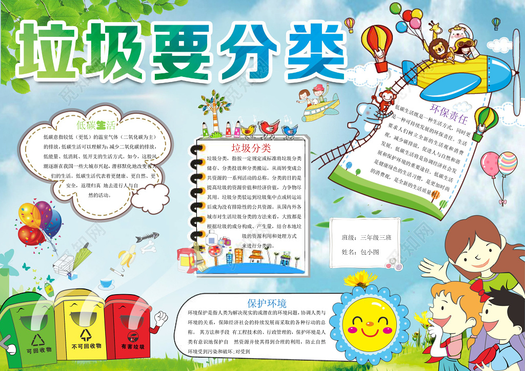 可爱卡通垃圾分类社区宣传环保小报手抄报