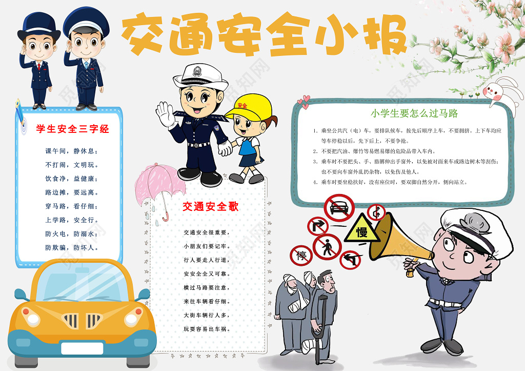 可爱卡通交警手绘交通安全小报word小报手抄报