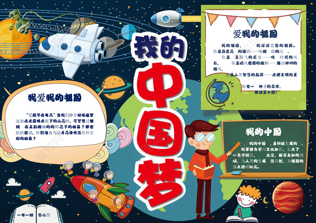 深蓝手绘风格爱国小报边框小报花边word学习电子小报手抄报
