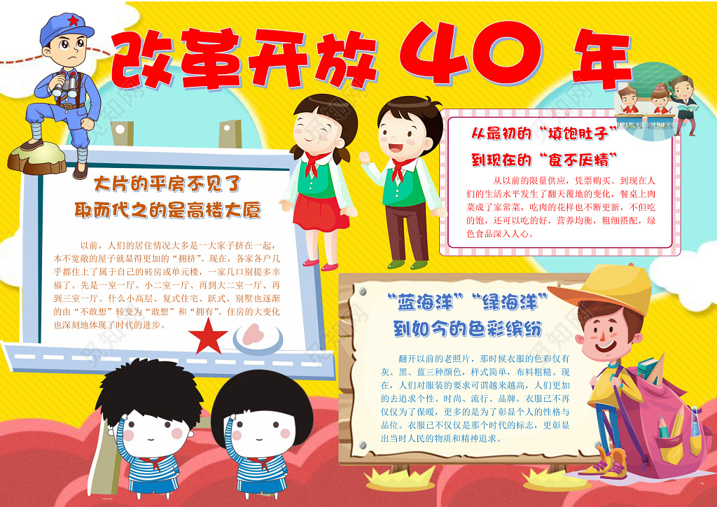 卡通学生手绘线稿改革开放40年手抄报word小报