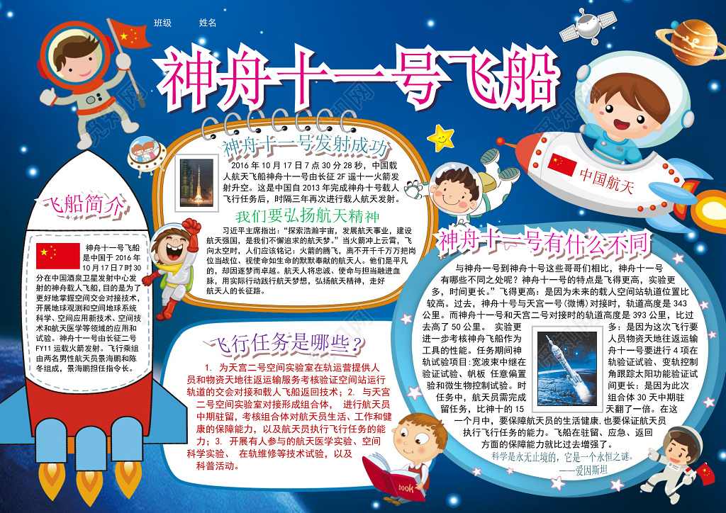 蓝色宇宙飞船火箭太空人科学小报word小报科技手抄报