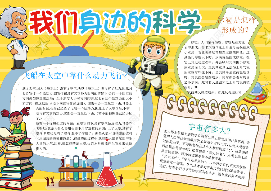 黄色背景卡通科学小报我们身边的科学科技手抄报