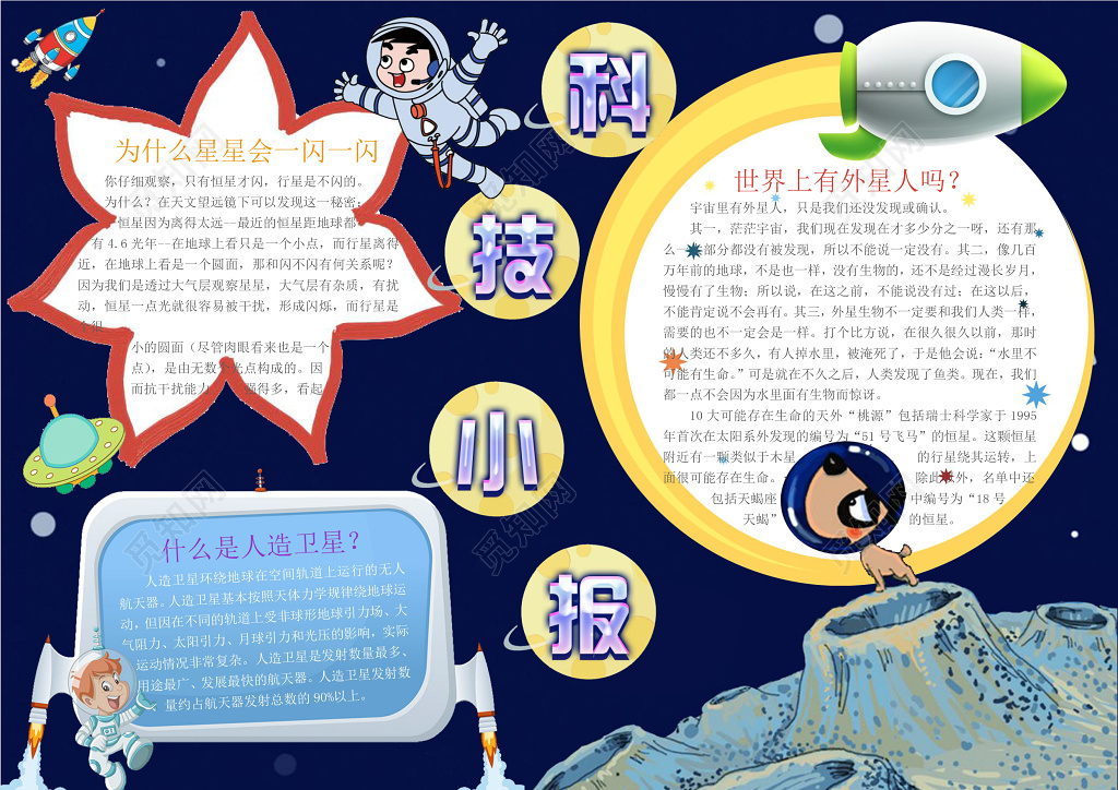 太空人火箭宇宙卡通科学科技小报手抄报