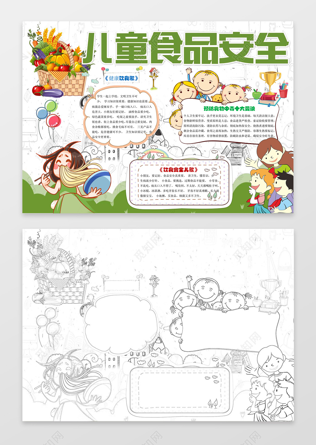 卡通插画儿童食品安全小报健康饮食安全手抄报