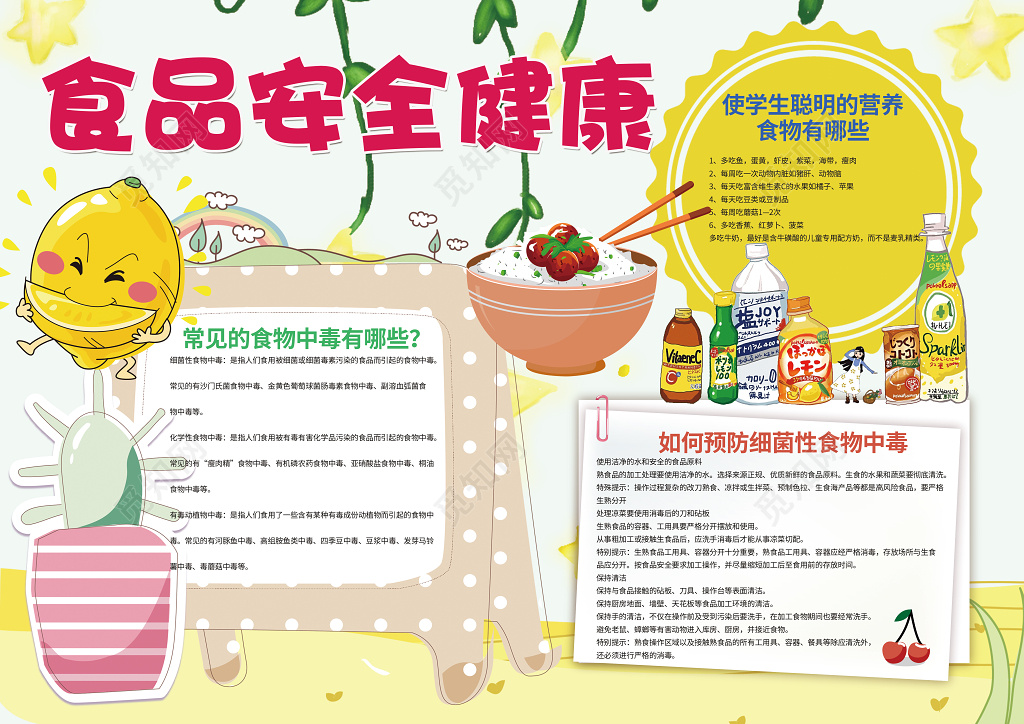 可爱卡通柠檬手绘小报边框食品安全小报健康小报
