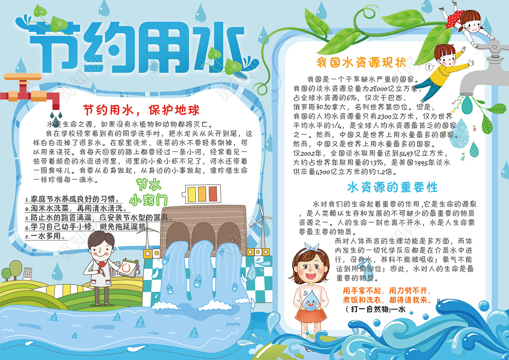 蓝色海洋卡通插画节约用水环保小报手抄报