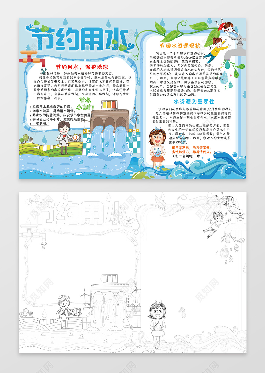 蓝色海洋卡通插画节约用水环保小报手抄报