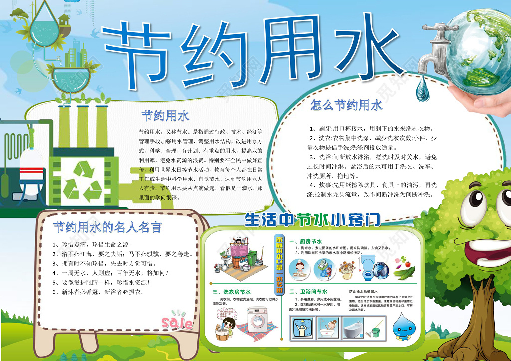 蓝色绿色清新节约用水环保小报word小报手抄报