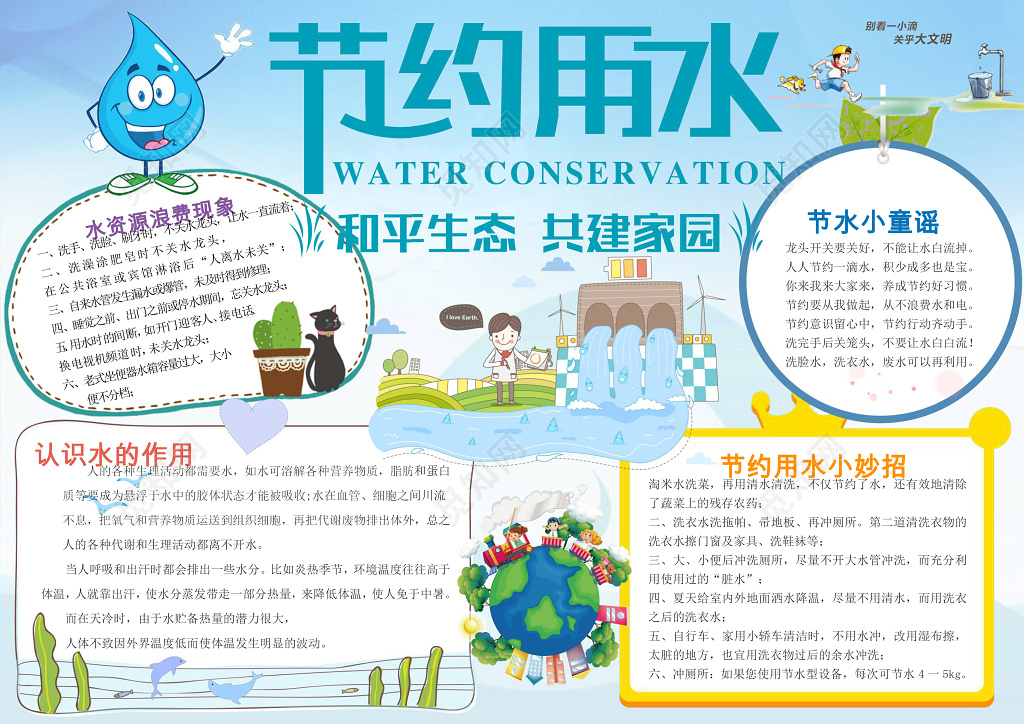 蓝色背景水资源插画手绘节约用水环保手抄报节水小报