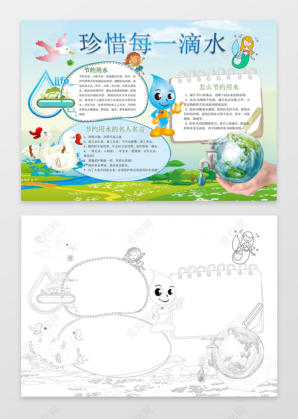 蓝色地球珍惜每一滴水节约用水环保手抄报节水小报