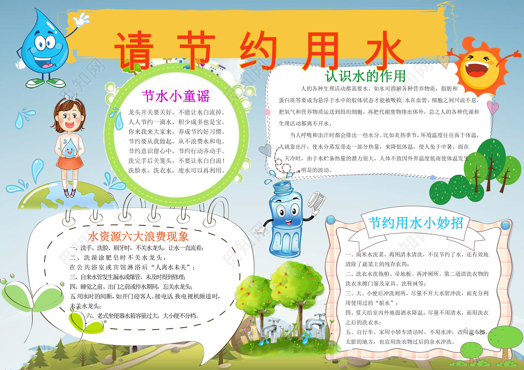 可爱卡通植物请节约用水环保手抄报word节水小报