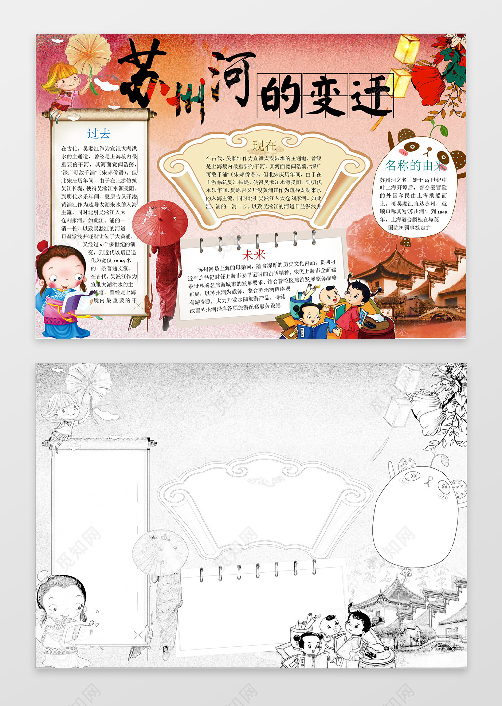 中国风古风水墨风格苏州河的变迁历史小报手抄报
