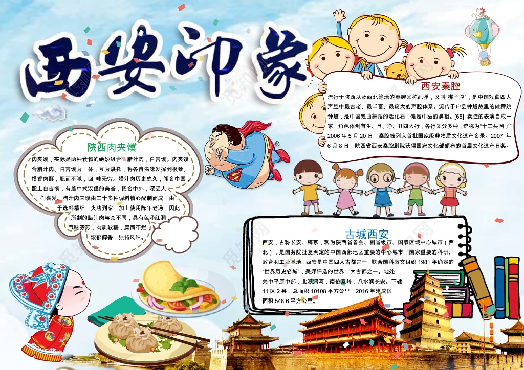 旅游清新西安印象小报手抄报Word模板小报边框小报花边