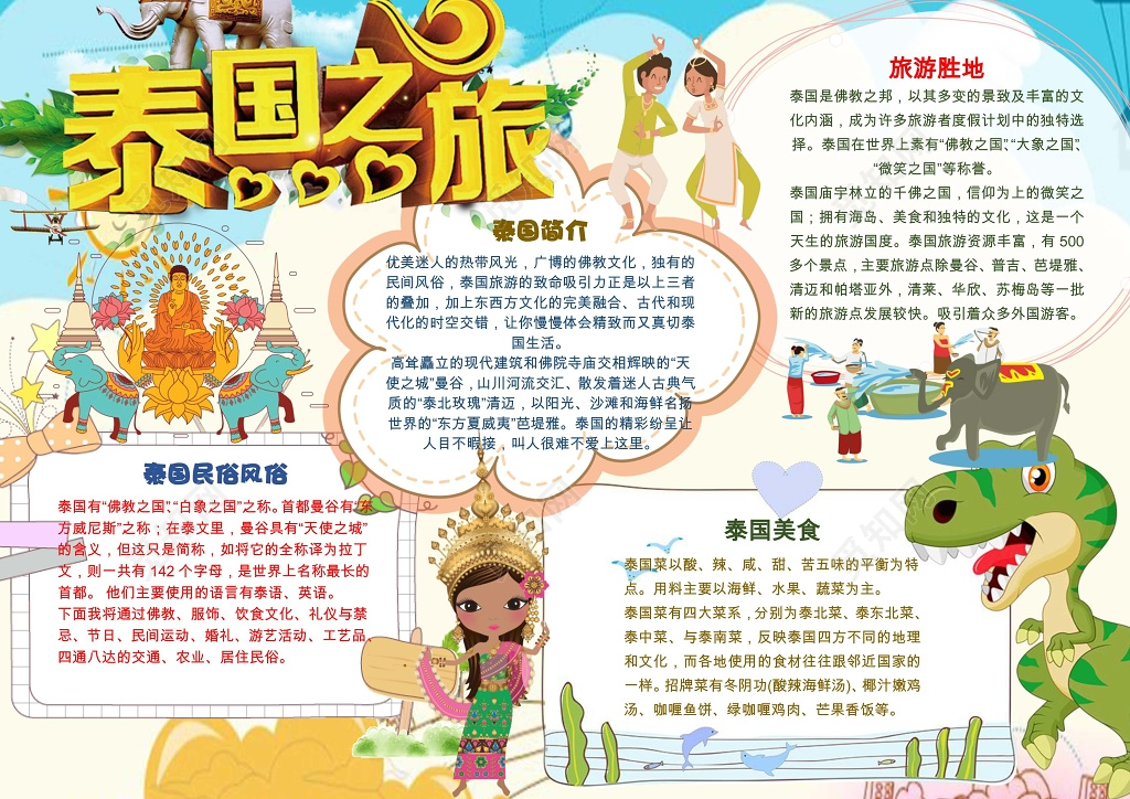 简洁可爱旅游泰国之旅小报手抄报word模板小报边框小报花边