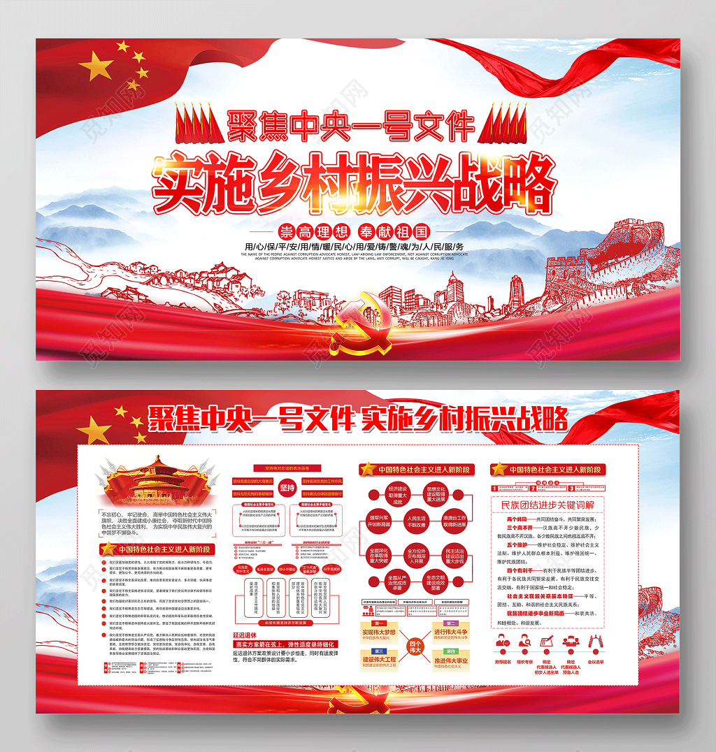 党建展板实施乡村振兴战略聚集中央1号文件长城飘带五星红旗