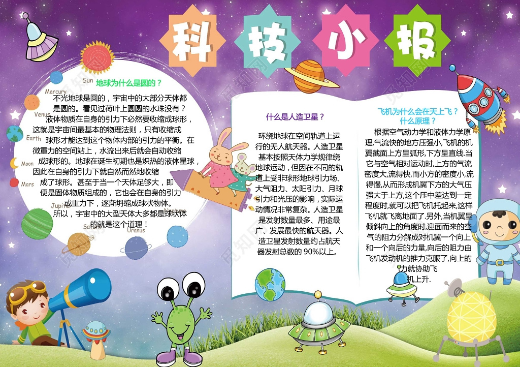 卡通星空插画小报边框科学科技小报word手抄报