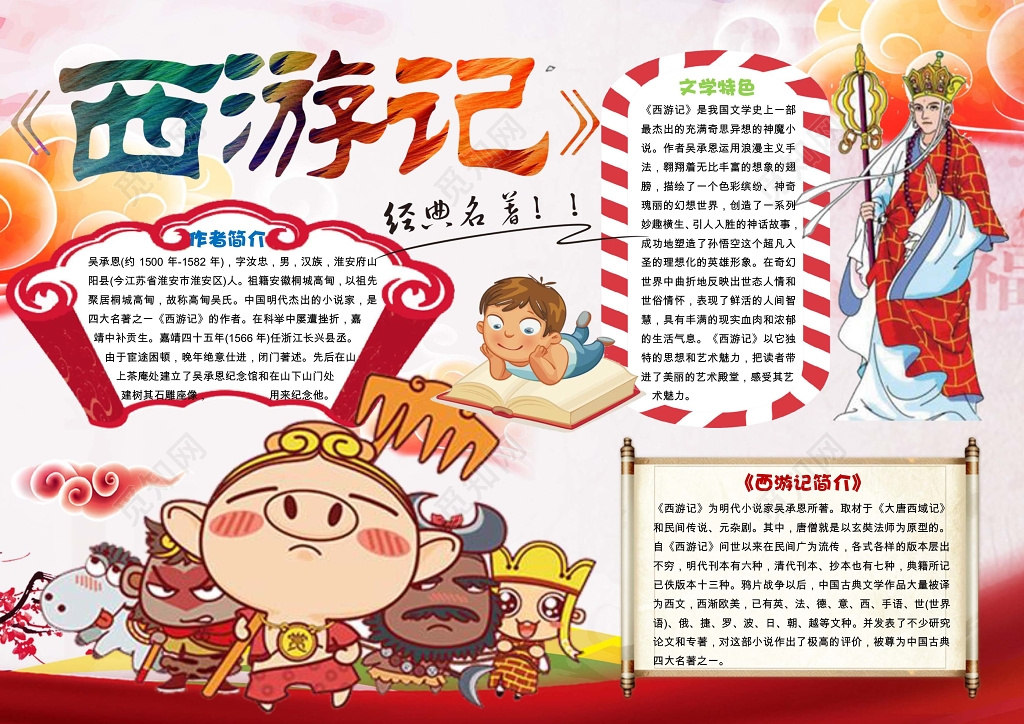 经典名著西游记文学特色读书小报边框小报花边word小报学习