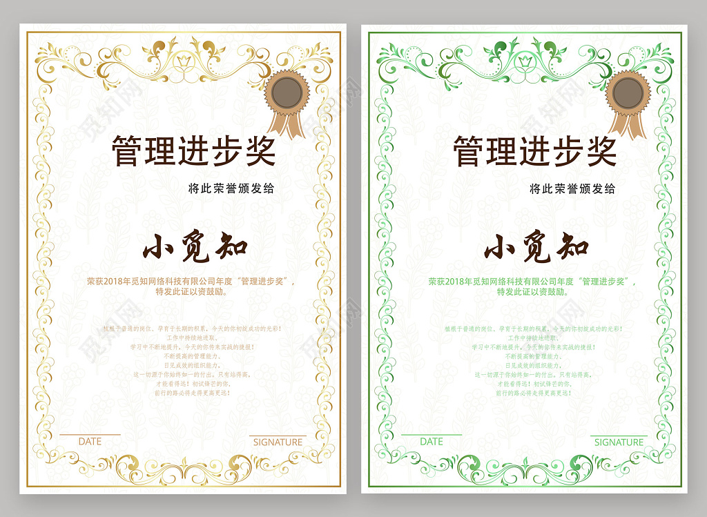 欧式荣誉证书管理进步奖