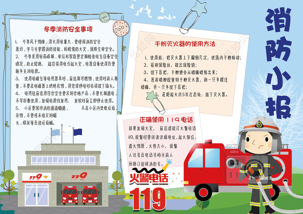 可爱卡通消防安全word电子小抄报边框花边