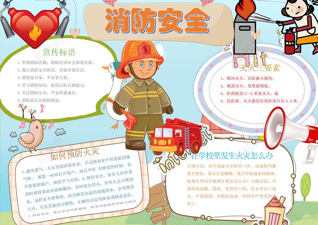 小卡通消防安全word电子小抄报边框花边